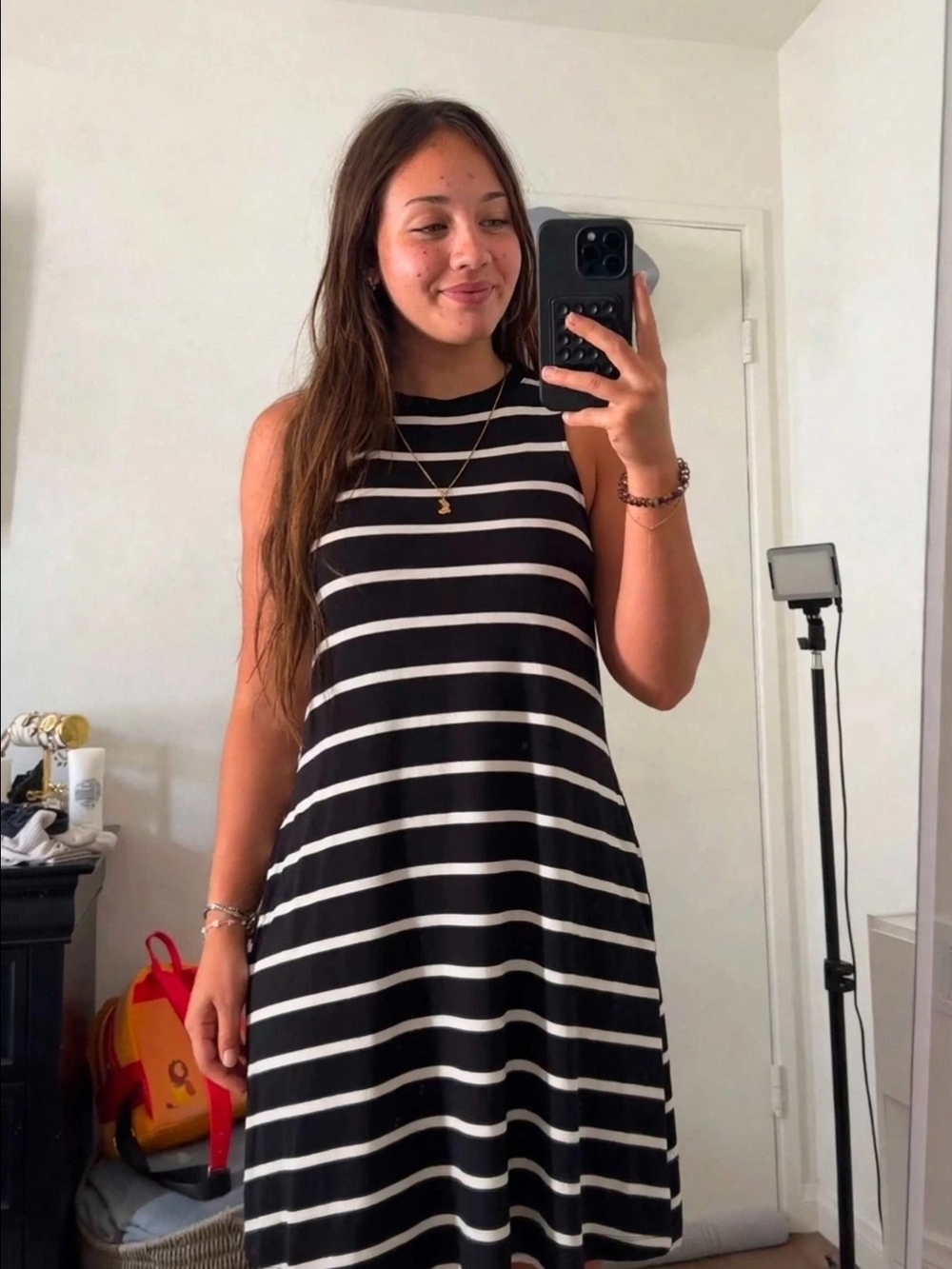 Time and Tru Black and White Striped Midi Dress